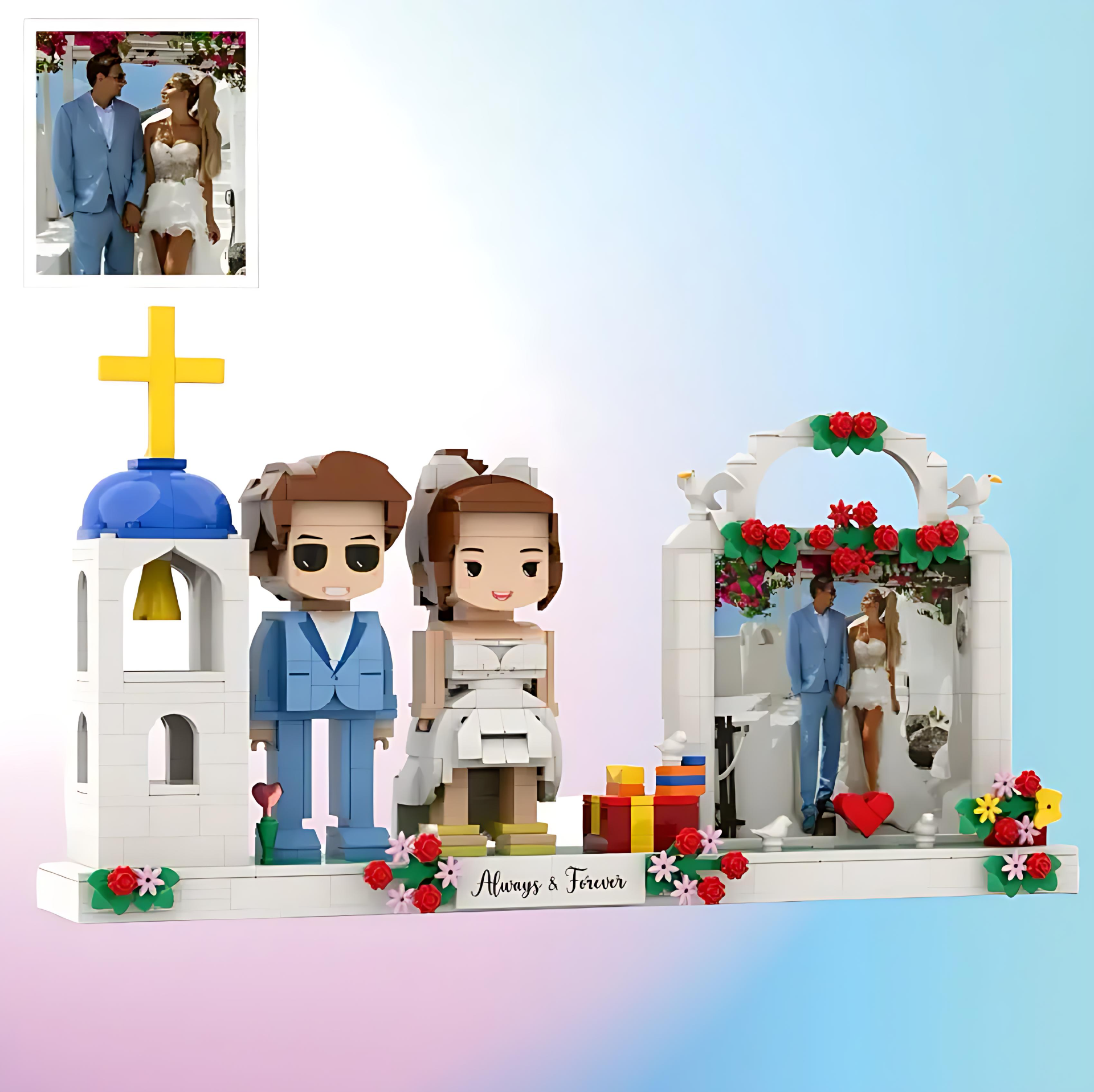 Full-body Custom 2 People Cute Brick Figures with Photo Frame Church Wedding