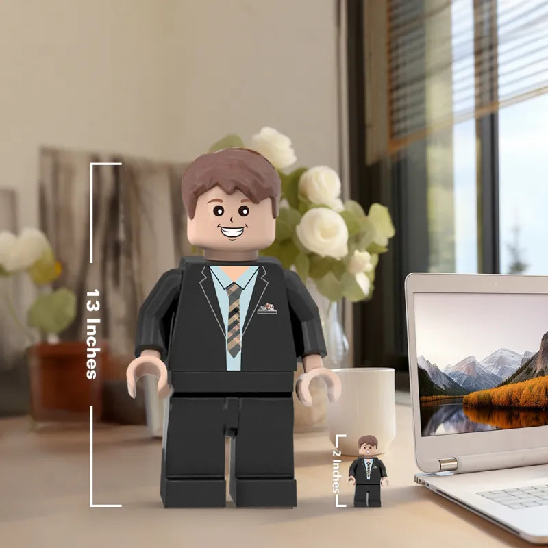 Personalized giant Minifigs by MadeMine featuring custom photos, perfect as unique gift collectibles, crafted in 3D print.