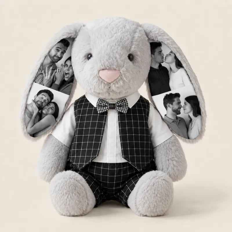 MadeMine custom 40cm wedding bunny plush toy featuring personalized bride and groom design, soft plush material, perfect wedding gift