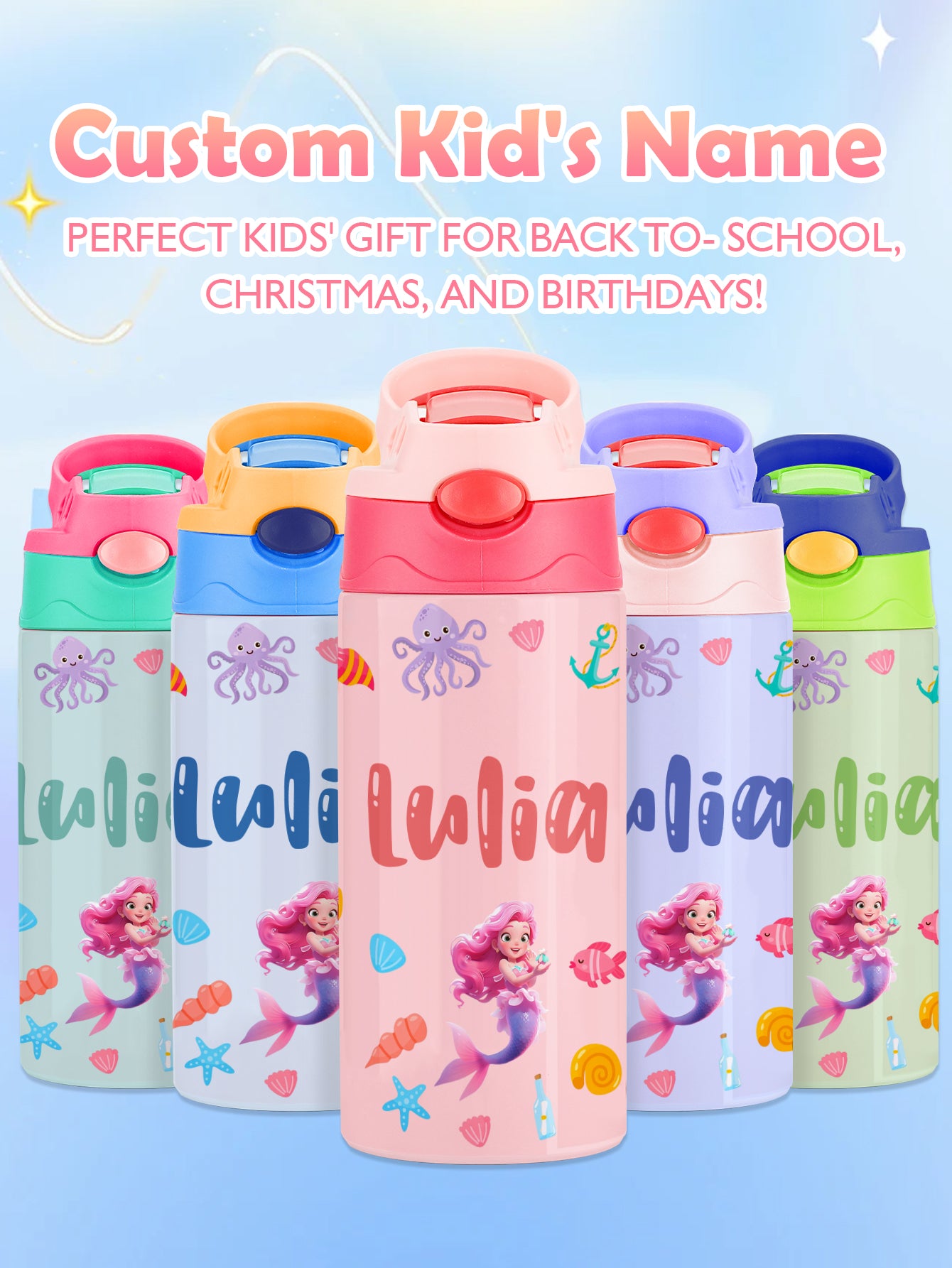 Custom Name Mermaid Stainless Steel Water Cup Children's Day Gift for Kids