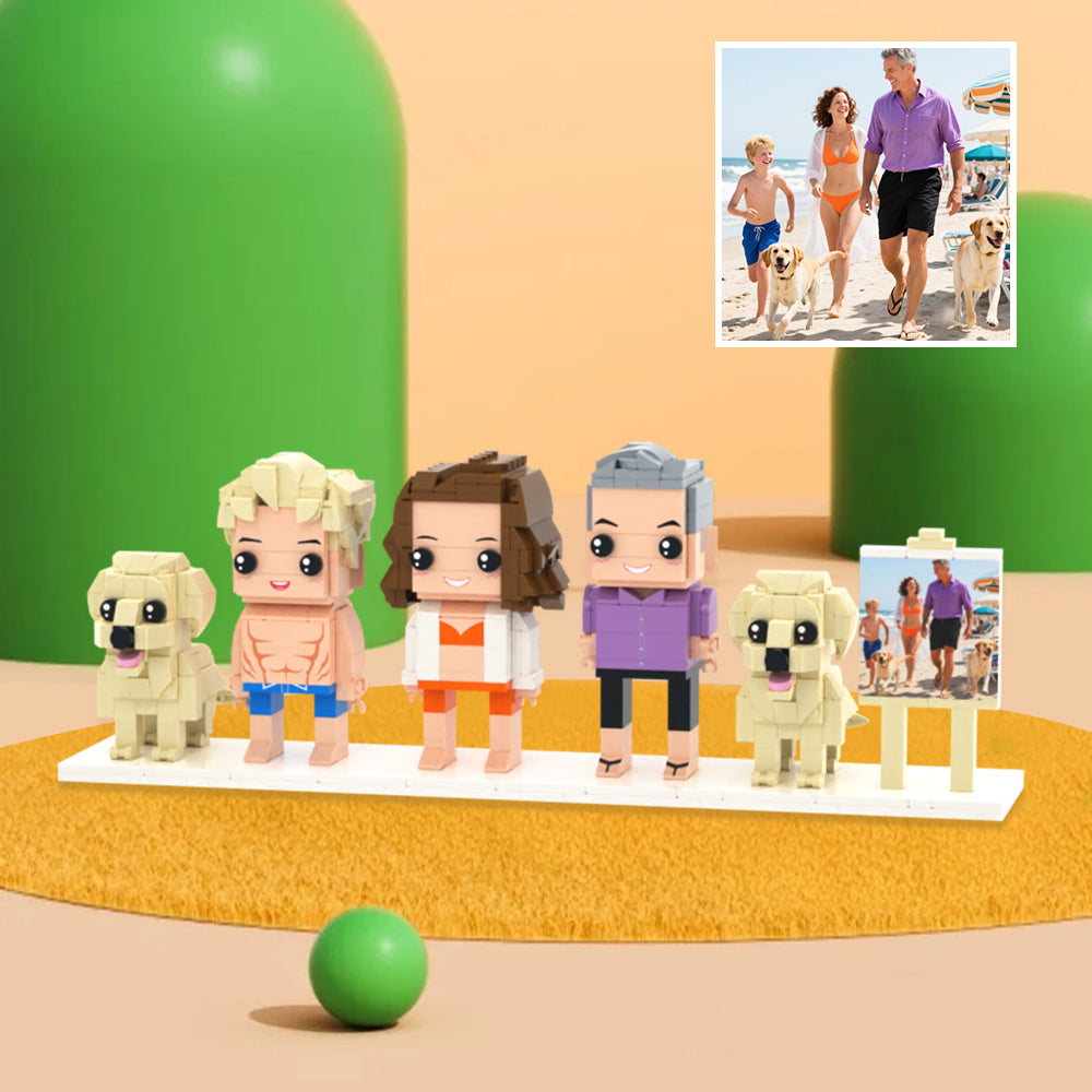 Full-Body Brick Figures of 3 People and 2 Dogs with Frame