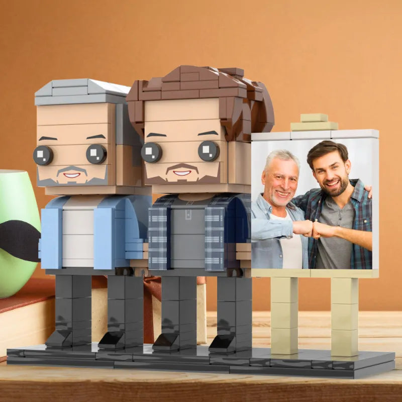 Figuras de ladrillo personalizadas de cuerpo completo para 2 personas con marco de foto personalizado, regalo del Día del Padre