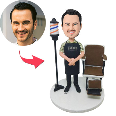 Kapper met stoel, op maat gemaakte bobblehead met gegraveerde tekst