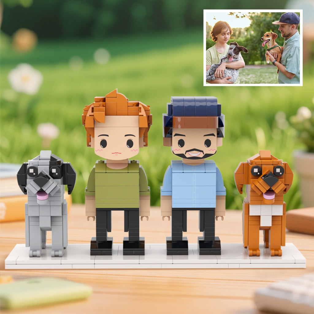Full-Body Cute Brick Figures of 2 People and 2 Dogs