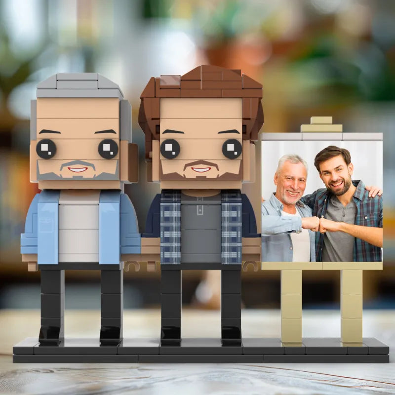 Figuras de ladrillo personalizadas de cuerpo completo para 2 personas con marco de foto personalizado, regalo del Día del Padre