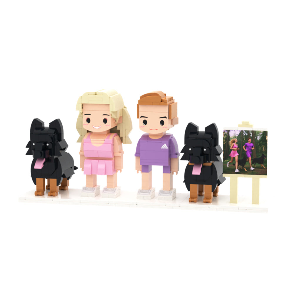 Custom Full-Body Cute Brick Figures of 2 People and 2 Dogs with Frame 2
