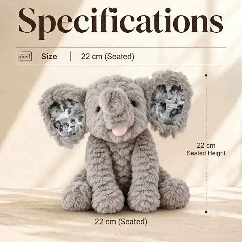 MadeMine custom photo elephant plush toy with personalized ear picture, soft plush stuffed animal for gift or keepsake.