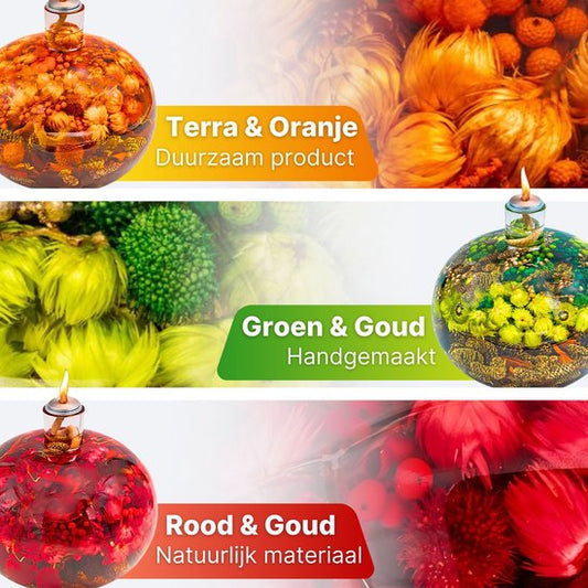 efillable green oil lamp with dried flowers