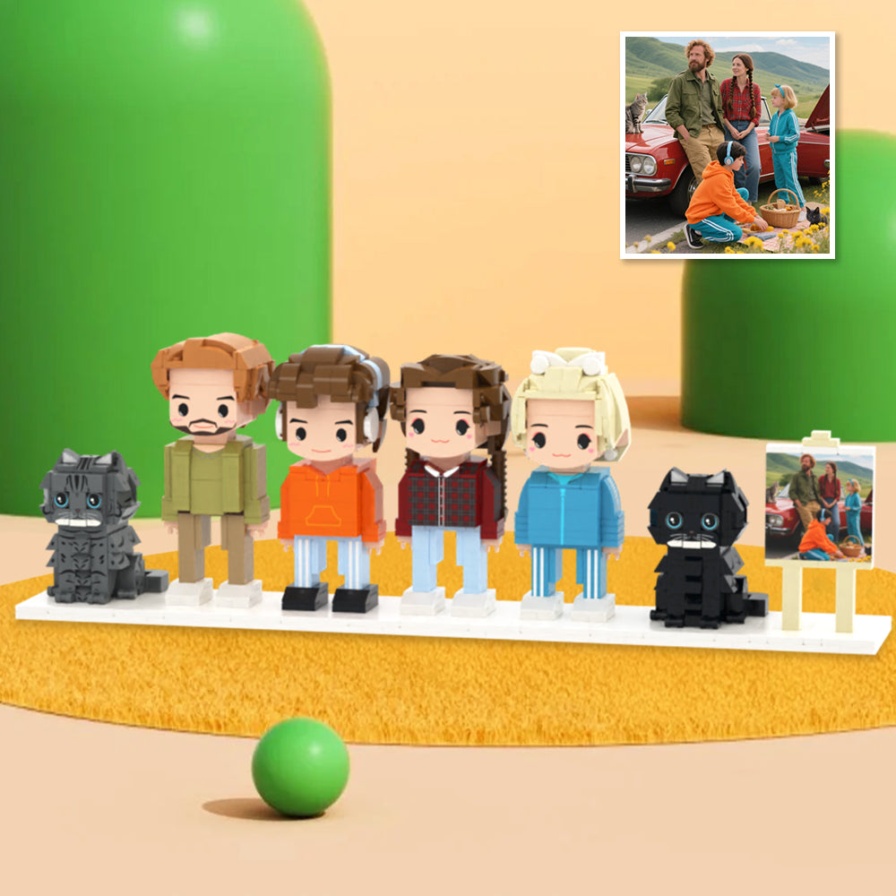 Cute Brick Figures of 4 People and 2 Cats