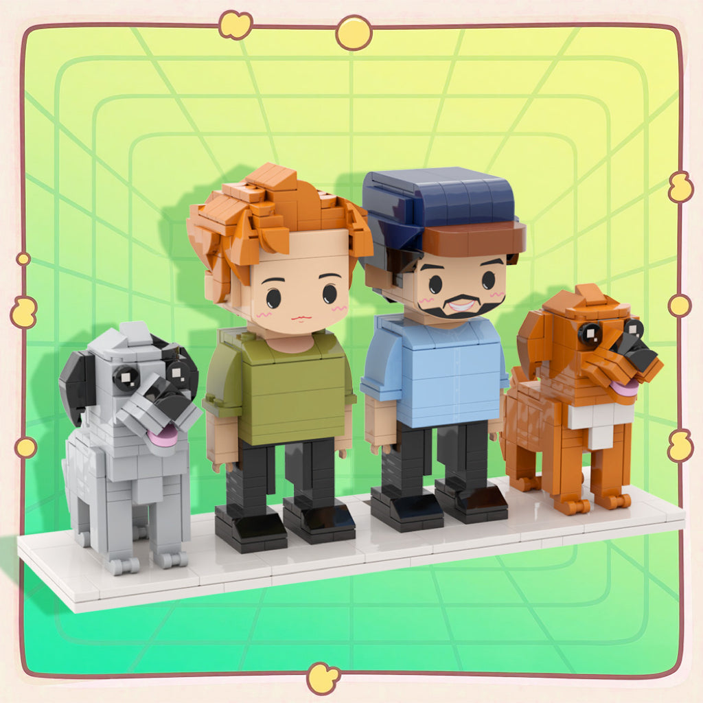 Full-Body Cute Brick Figures of 2 People and 2 Dogs