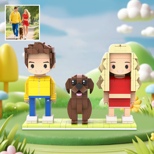 Custom Full-Body Cute Brick Figures of 2 People and 1 Dog