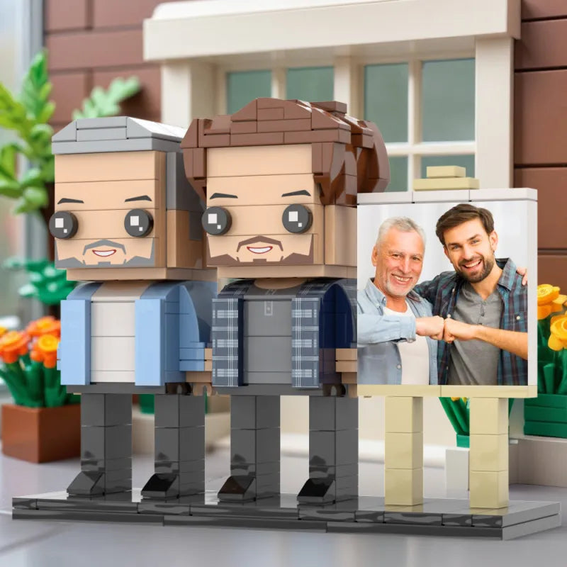 Figuras de ladrillo personalizadas de cuerpo completo para 2 personas con marco de foto personalizado, regalo del Día del Padre