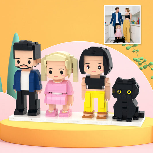 Full-Body Cute Brick Figures of 3 People and 1 Cat