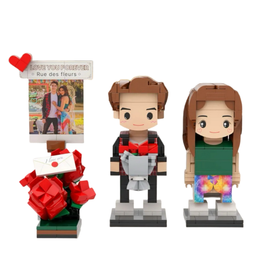 Full Body Custom Photo 2 people Cute Brick Figure with Rose Valentines