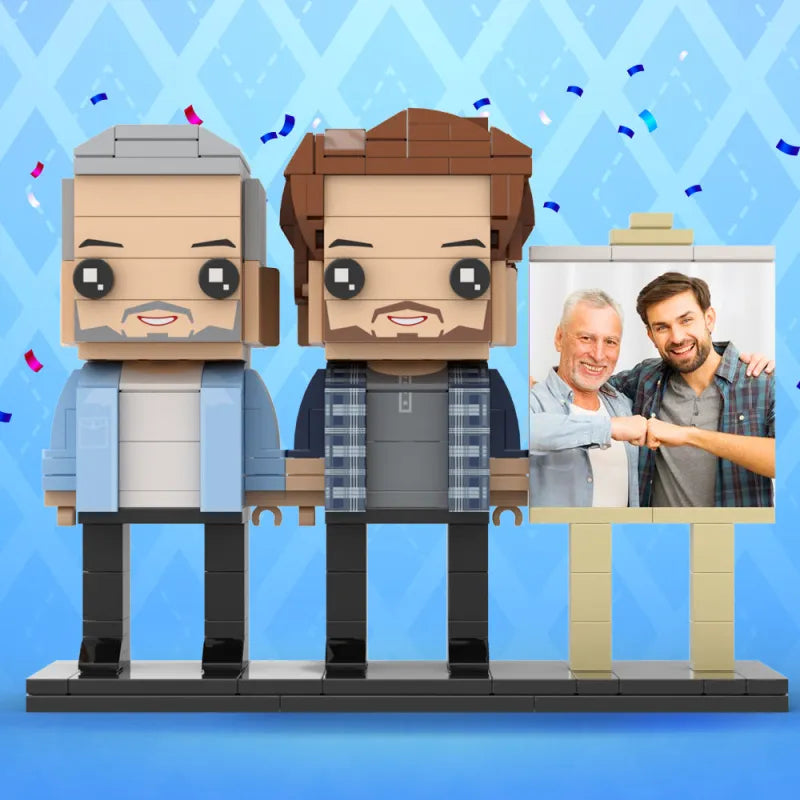 Figuras de ladrillo personalizadas de cuerpo completo para 2 personas con marco de foto personalizado, regalo del Día del Padre