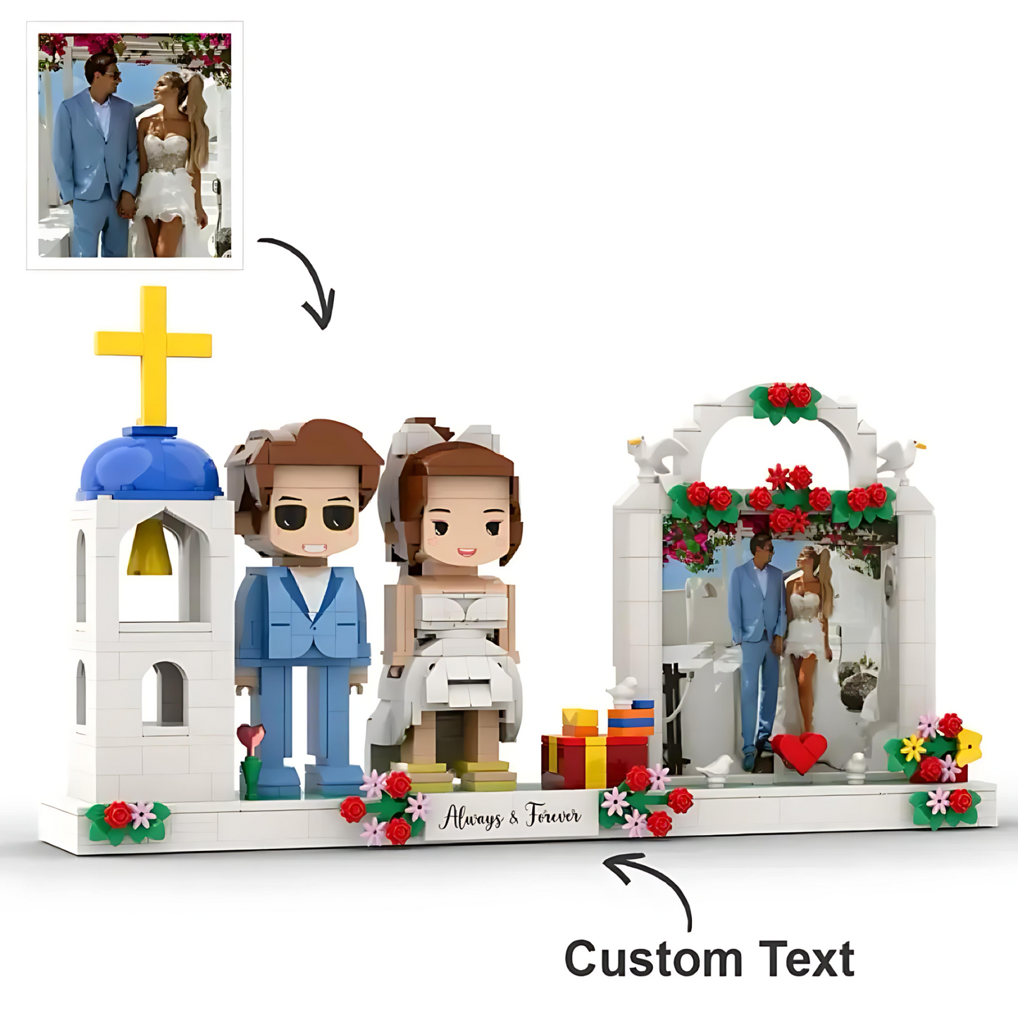 Figuras de ladrillo personalizadas de cuerpo completo para 2 personas, con marco de fotos, ideal como regalo de boda en la iglesia para pareja.