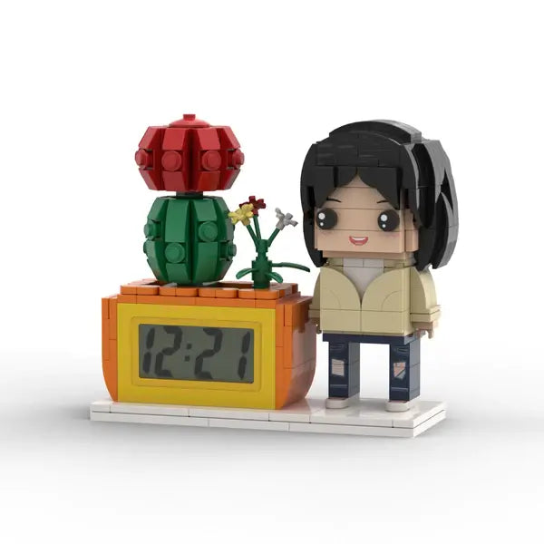 Cadeaus voor haar: gepersonaliseerde klok met bakstenen figuren, potplanten en bakstenen klok