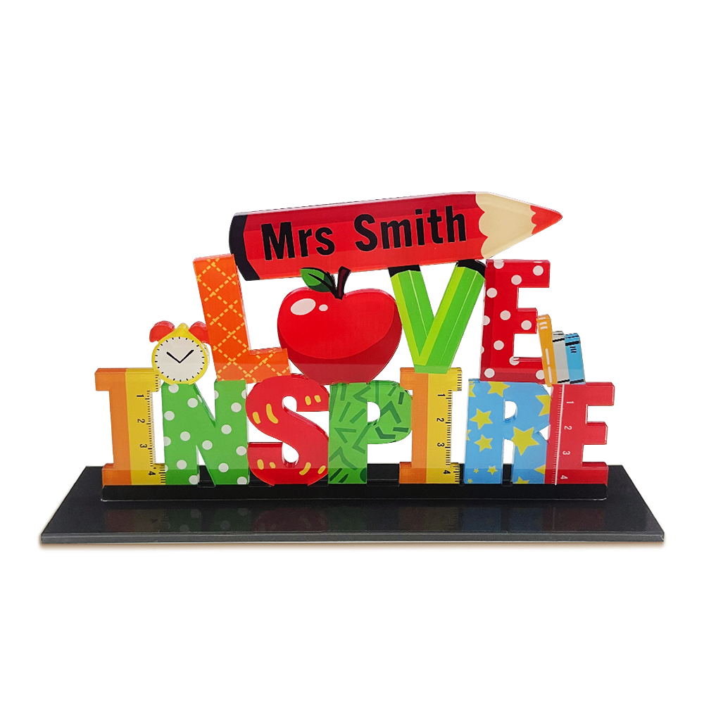 Personalized Love & Inspire Teacher Desk Sign – Custom Name Acrylic