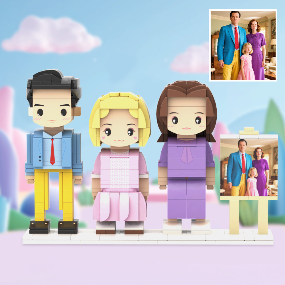 Custom Full-Body Cute Brick Figures of 3 People with Frame
