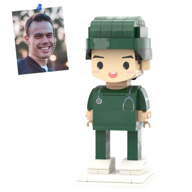 Personalized Head Custom Text Brick Figures Wearing Green Uniform Doctor's Day Gift