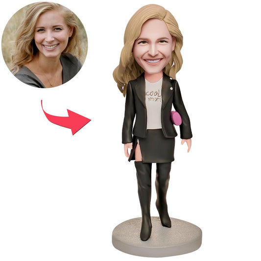 Super Cool Mom in Black Suit Custom Bobblehead with Engraved Text
