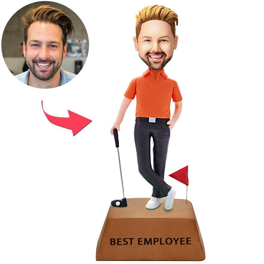 Trophéebasis voor beste medewerker, bobbleheadfiguur van een golfbaanmedewerker op maat met gegraveerde tekst
