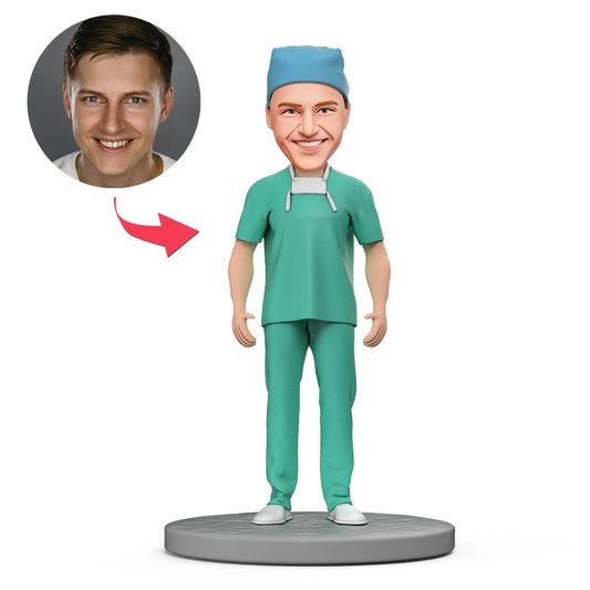 Anesthesiologen in Blue Scrubs: op maat gemaakte bobblehead met gegraveerde tekst