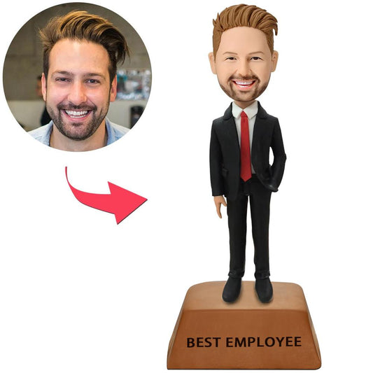 Beste trofee voor werknemers, zakelijk geschenk, mannelijke leidinggevende met rode stropdas, op maat gemaakte bobblehead