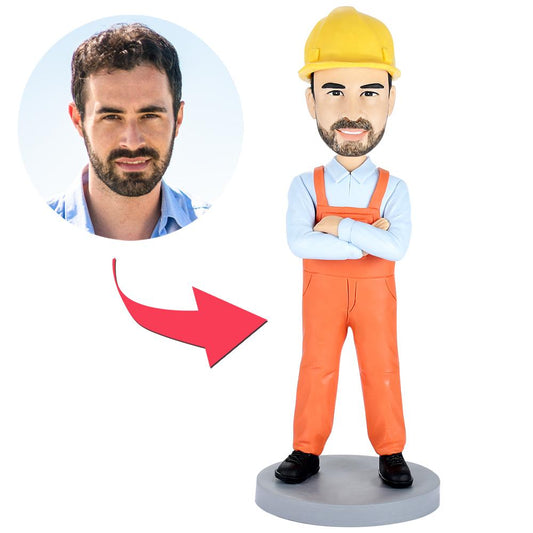 Figura cabezona personalizada de trabajador de construcción con texto grabado
