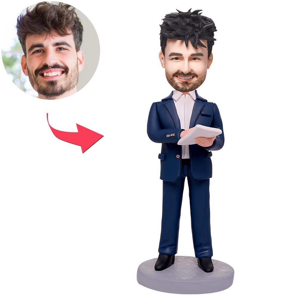 Zakenman maakt aantekeningen: gepersonaliseerde bobbleheads met gegraveerde tekst