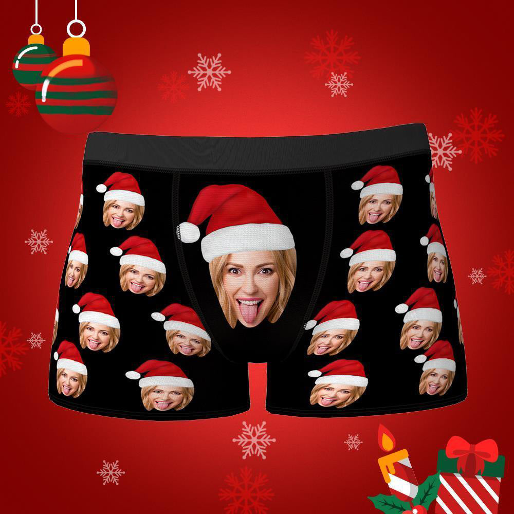 Custom Face Boxers Shorts With Christmas hat Personalized Photo Underwear