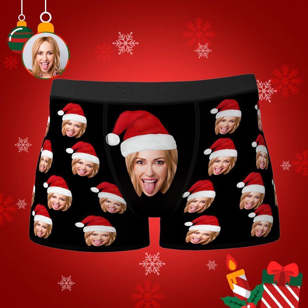 Custom Face Boxers Shorts With Christmas hat Personalized Photo Underwear 2