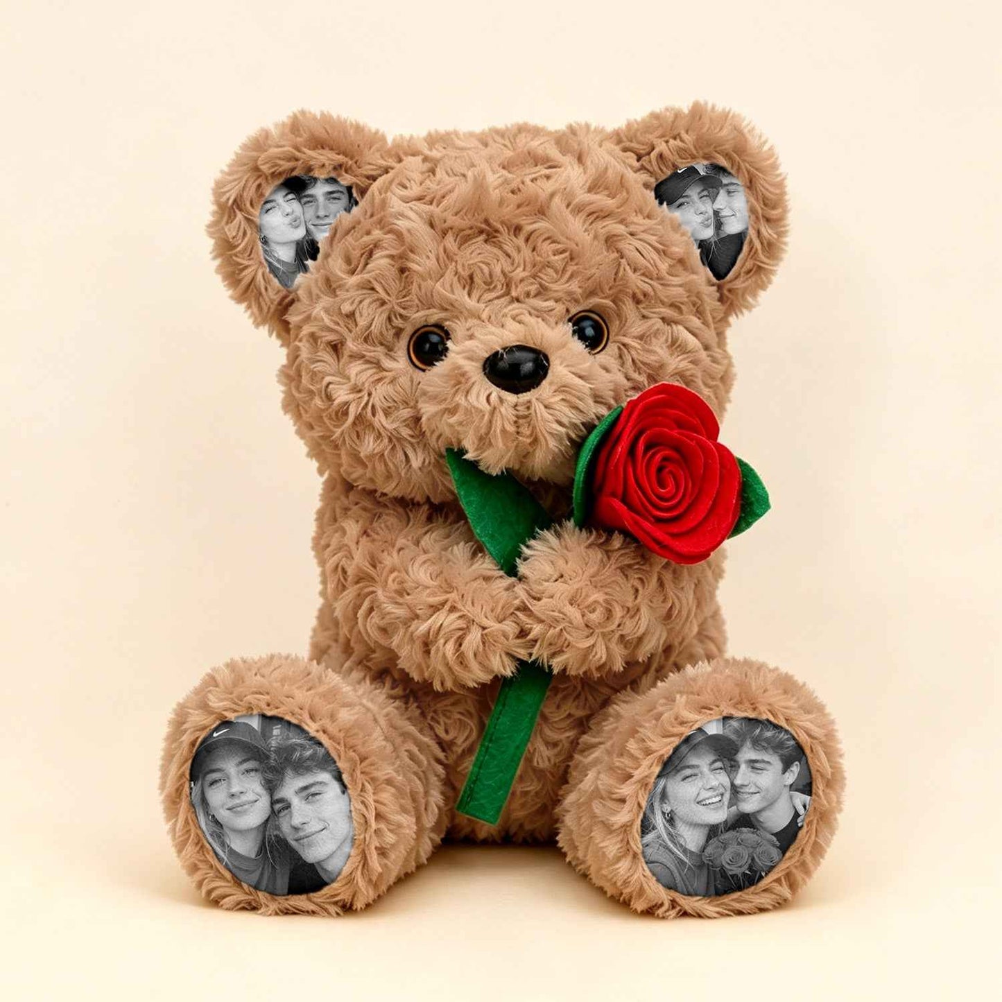 Custom plush teddy bear holding a rose, personalized with photos, made by MadeMine, soft and cuddly plush toy for gift-giving.