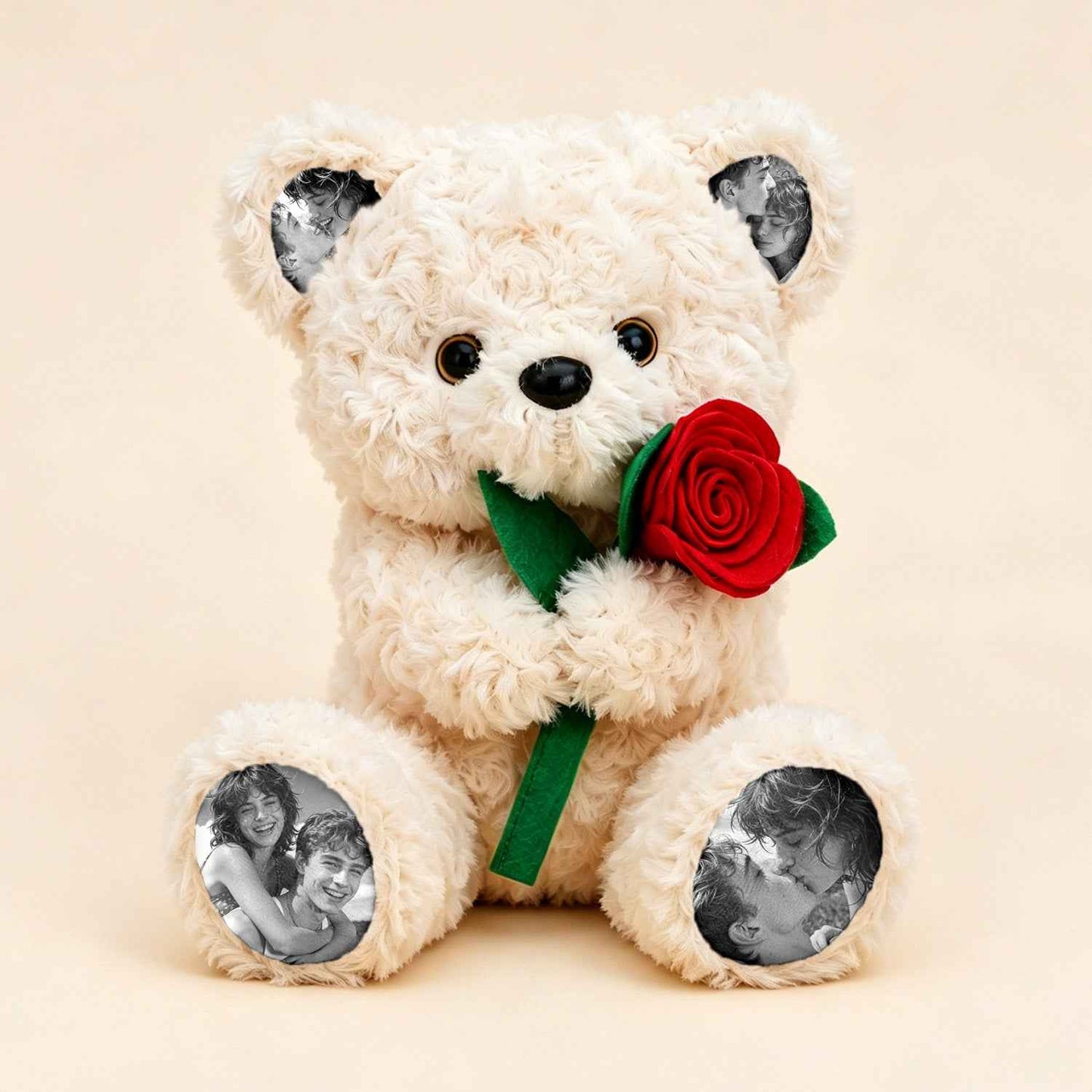 Custom plush teddy bear holding a rose, personalized photo gift by MadeMine, soft plush toy suitable for heartfelt presents.