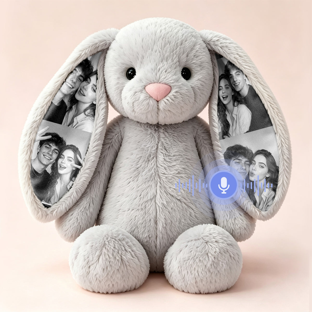 MadeMine personalized bunny plush toy with custom photo and voice recording, soft plush bunny with embroidered features.