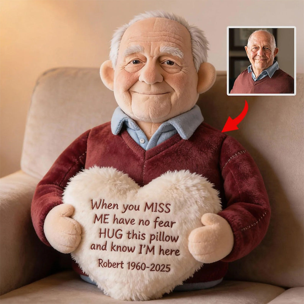 Personalized 3D effect memorial hug pillow with custom photo and heart message, sympathy gift for remembrance and loss.