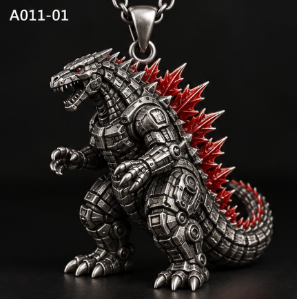 Mechanical T-Rex Spiked Back Necklace, Silver Dinosaur Statement Pendant, 45cm + 5cm Chain, Blue or Red Spikes