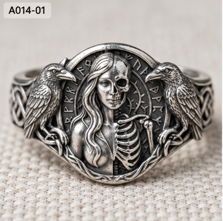 Half Skull Valkyrie & Twin Ravens Ring – 10g Genuine 925 Sterling Silver Gothic Warrior Ring for Men and Women, US Size 6-12
