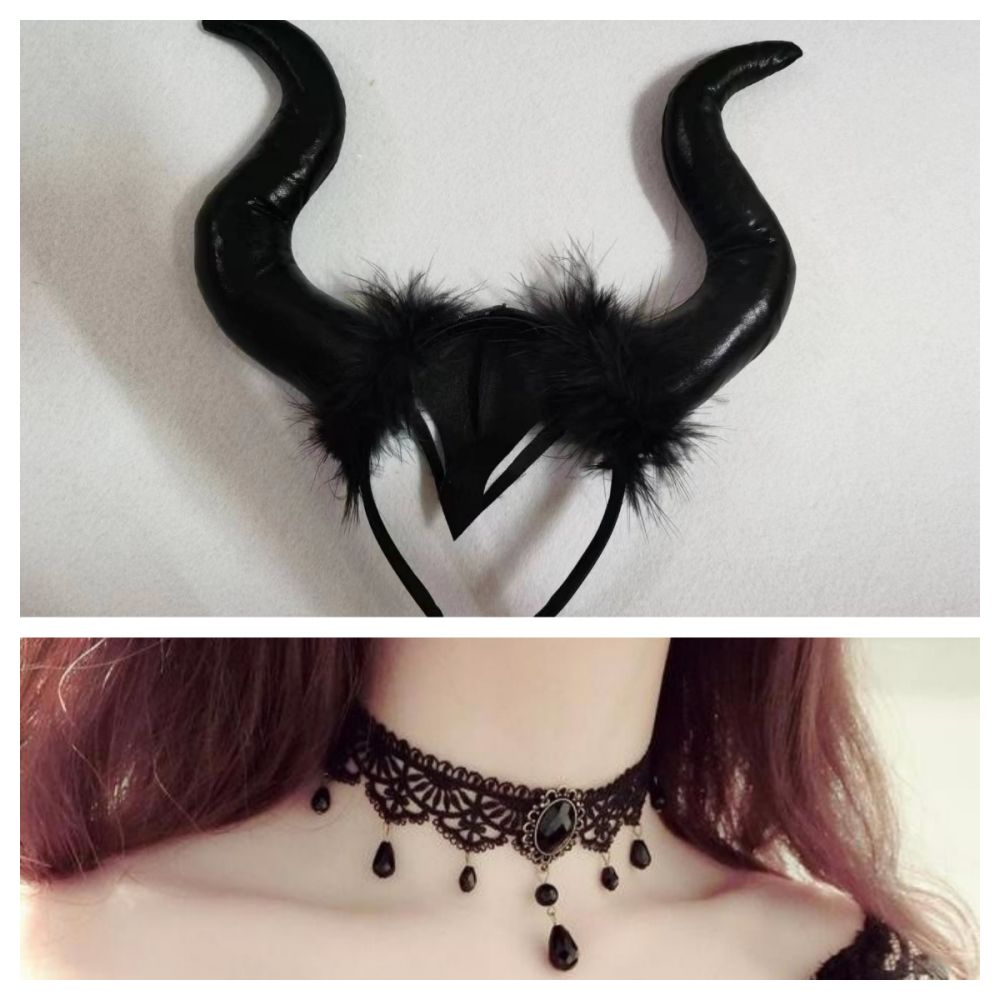 Diadema con cuernos de diablo para Halloween con collar gargantilla, aro para el pelo de Halloween, decoración para cosplay.