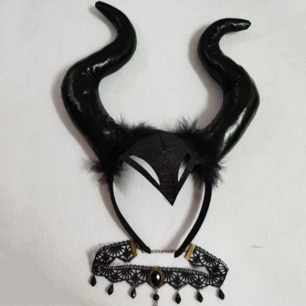 Diadema con cuernos de diablo para Halloween con collar gargantilla, aro para el pelo de Halloween, decoración para cosplay.