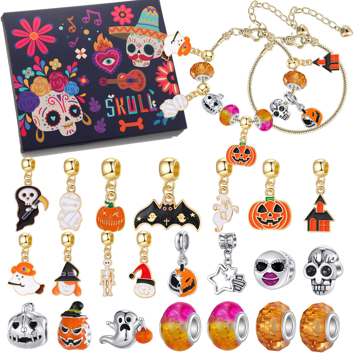 MadeMine Halloween charms set for DIY bracelets, colorful spooky charms perfect for kids' Halloween jewelry projects.