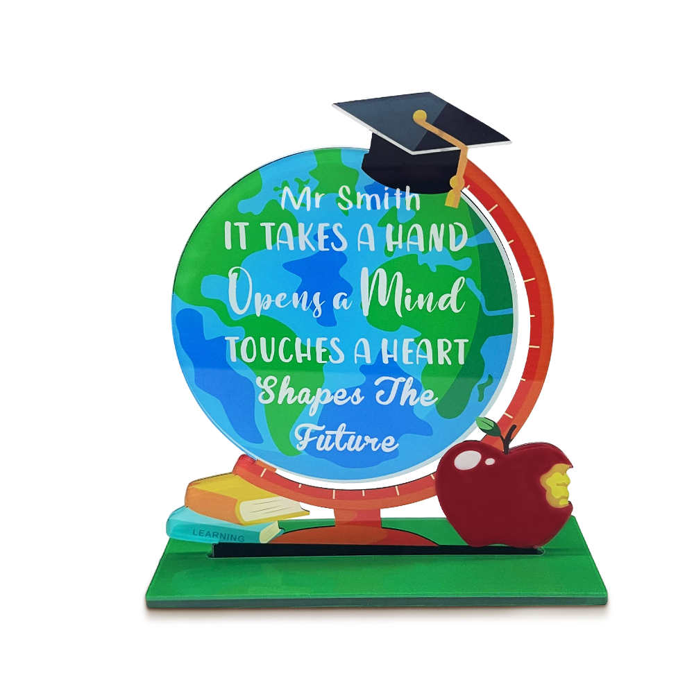 Personalized Globe Teacher Desk Sign – Custom Name Acrylic Plaque