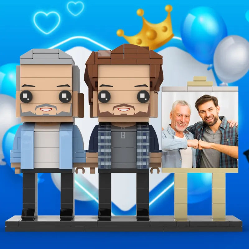 Figuras de ladrillo personalizadas de cuerpo completo para 2 personas con marco de foto personalizado, regalo del Día del Padre