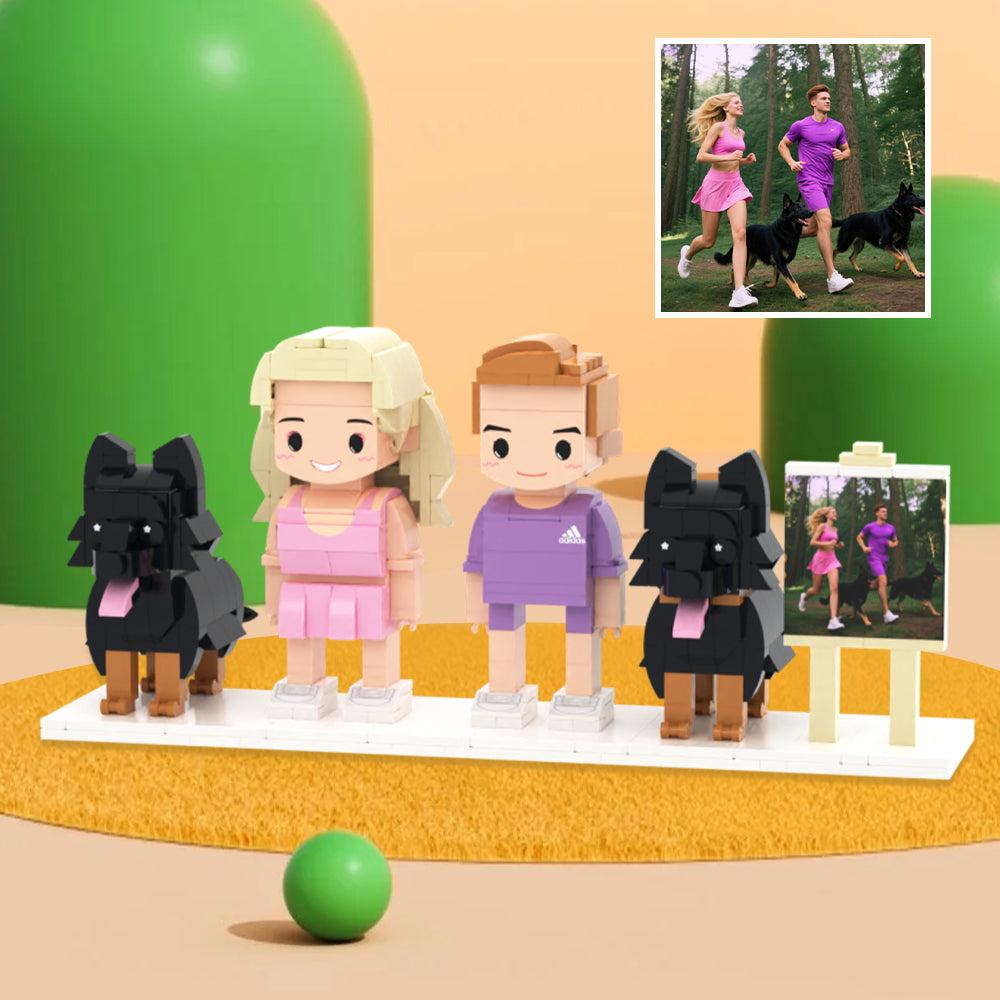 Custom Full-Body Cute Brick Figures of 2 People and 2 Dogs with Frame