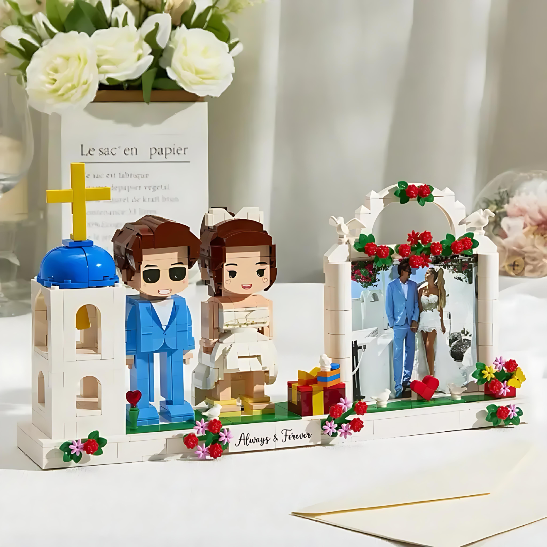 Full-body Custom 2 People Cute Brick Figures with Photo Frame Church Wedding