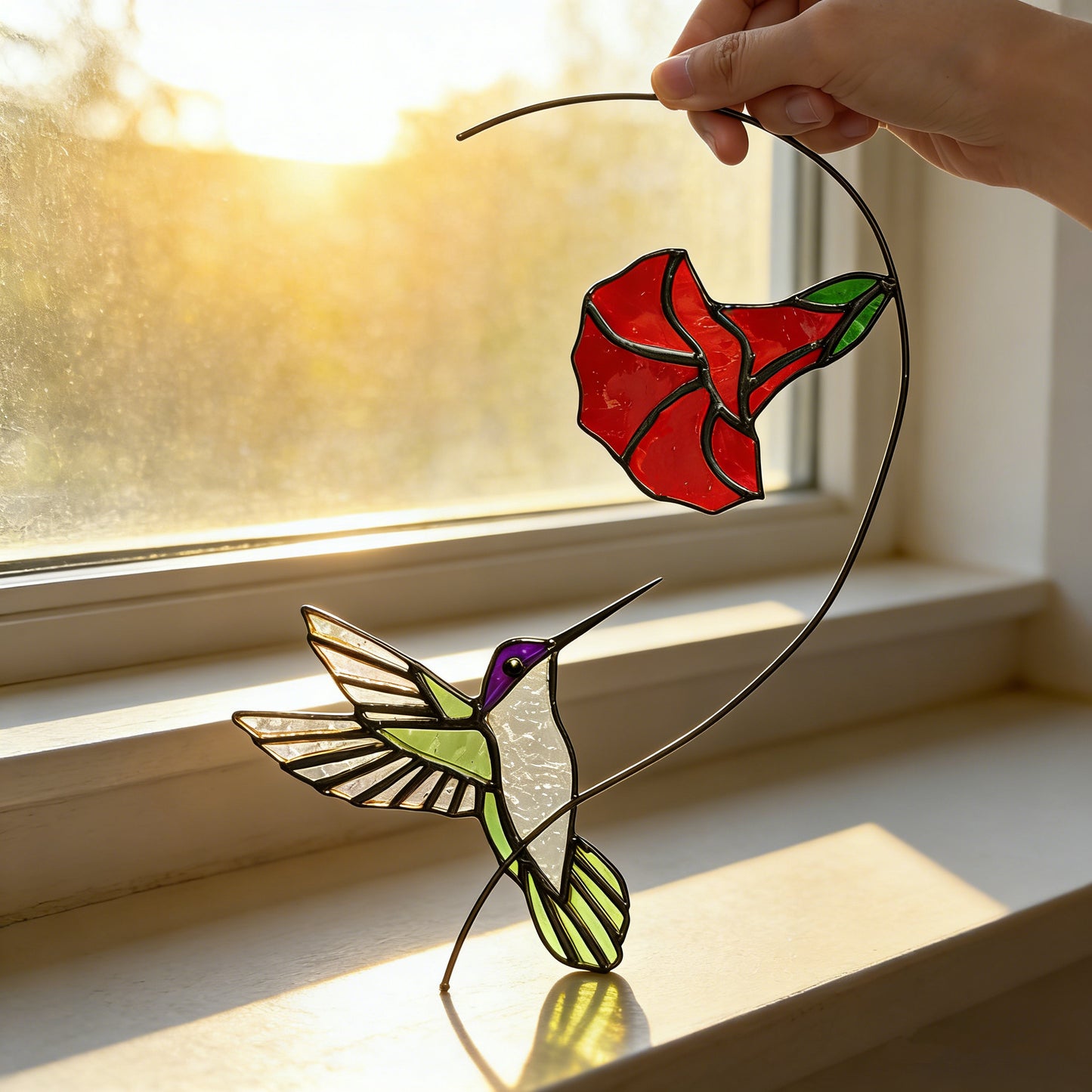 MadeMine stained glass hummingbird suncatcher with red flower, window hanging decor featuring colorful glass and intricate design.