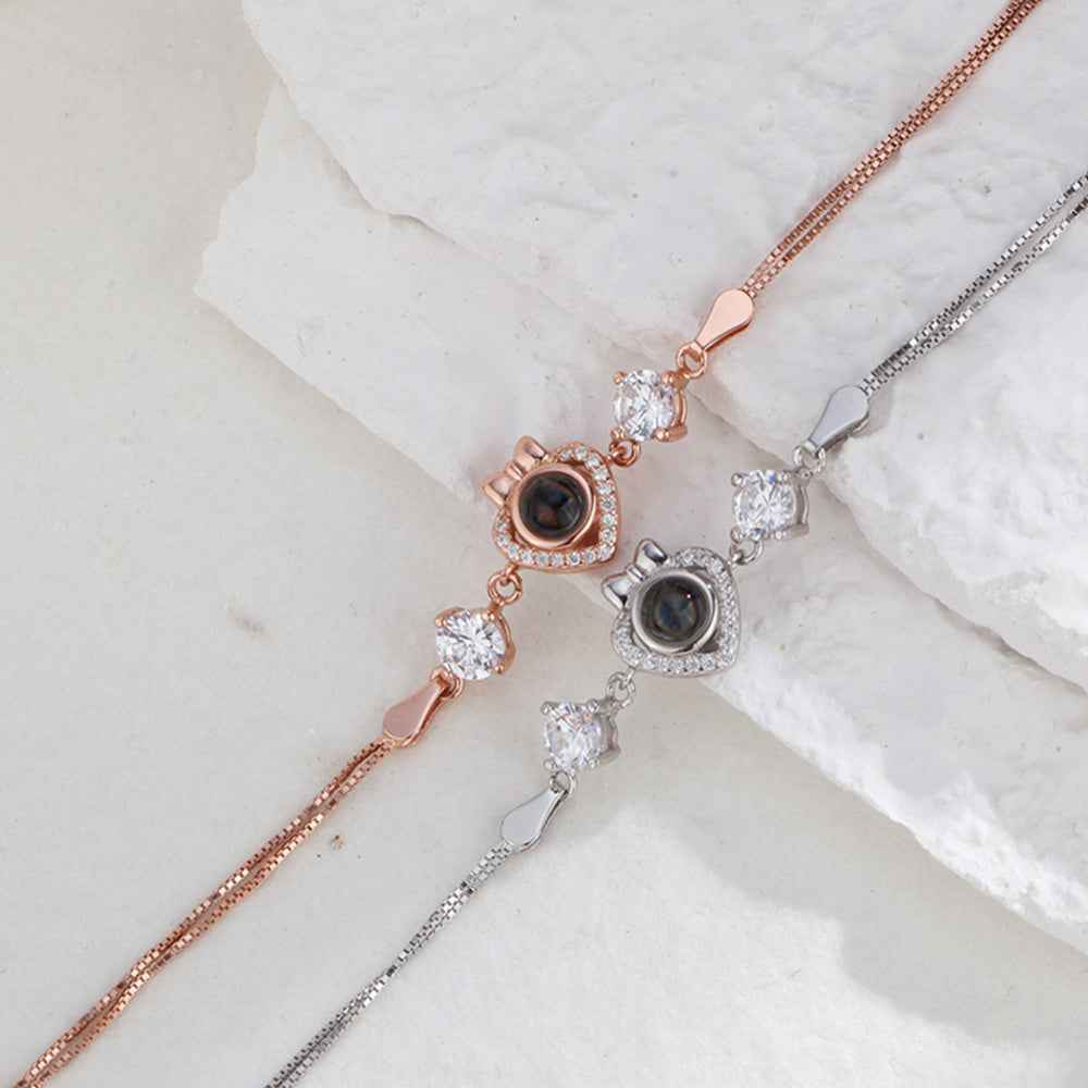 Custom Bow Heart Bracelet Personlized Projection Bracelet 925 Sterling Silver