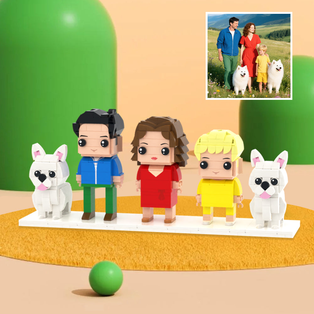 Custom Full-Body Brick Figures of 3 People and 2 Dogs