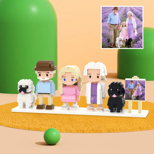 Full-Body Cute Brick Figures of 3 People and 2 Dogs with Frame