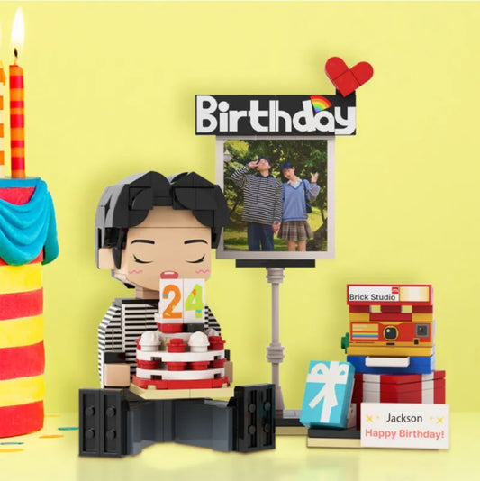 Full-body Custom 1 Person Brick Figures with Photo and Text Birthday